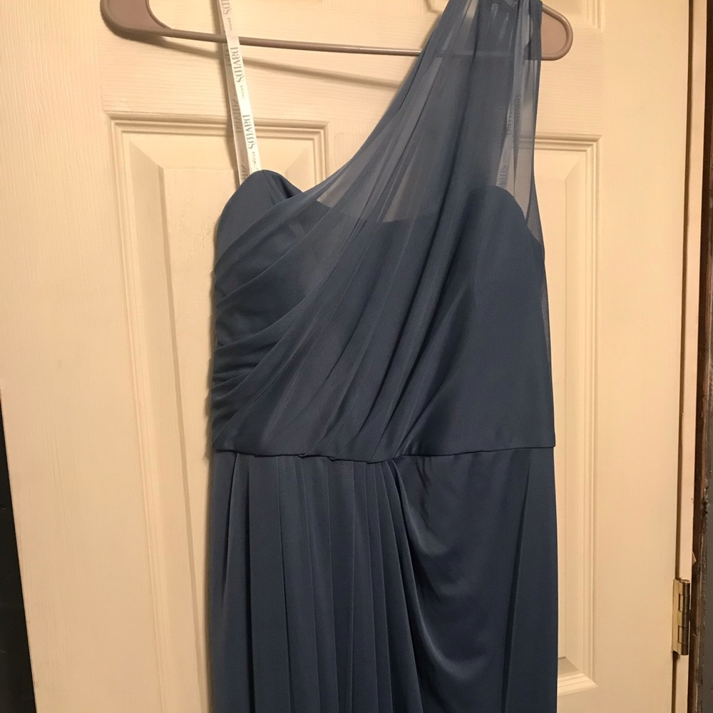 Steel blue one shoulder David’s Bridal gown. NWT